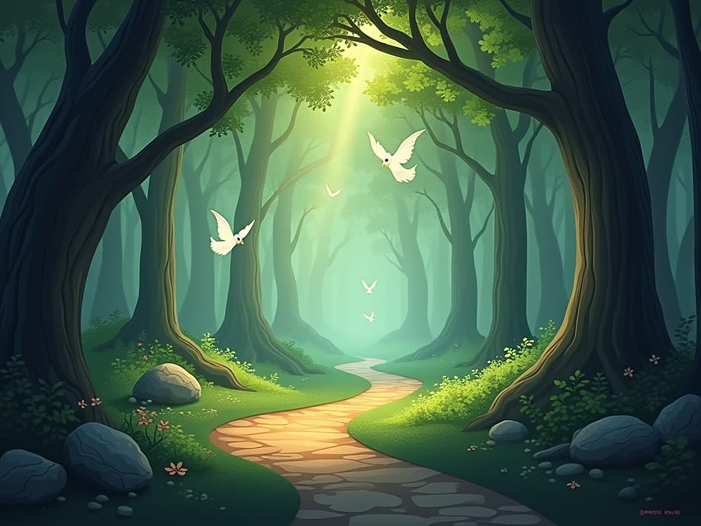  a serene, enchanted forest pathway, illuminated by soft, glowing light. ethereal creatures with translucent wings hover in the background, creating an aura of mystic caution.. the style is digital art illustration,highly detailed, whimsical,magical, dreamlike atmosphere, realism and fantasy blend, smooth, glossy textures,luminous quality, wonder and enchantment.