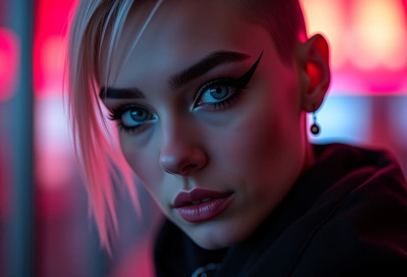  ultra realistic close up portrait ((beautiful pale cyberpunk female with heavy black eyeliner)), blue eyes, shaved side haircut, hyper detail, cinematic lighting, magic neon, dark red city, canon eos r3, nikon, f/1.4, iso 200, 1/160s, 8k, raw, unedited, symmetrical balance, in frame, 8k hyperrealistic, full body, detailed clothing, highly detailed, cinematic lighting, stunningly beautiful, intricate, sharp focus, f/1. 8, 85mm, (centered image composition), (professionally color graded), ((bright soft diffused light)), volumetric fog, trending on instagram, trending on tumblr, HDR 4K, 8K