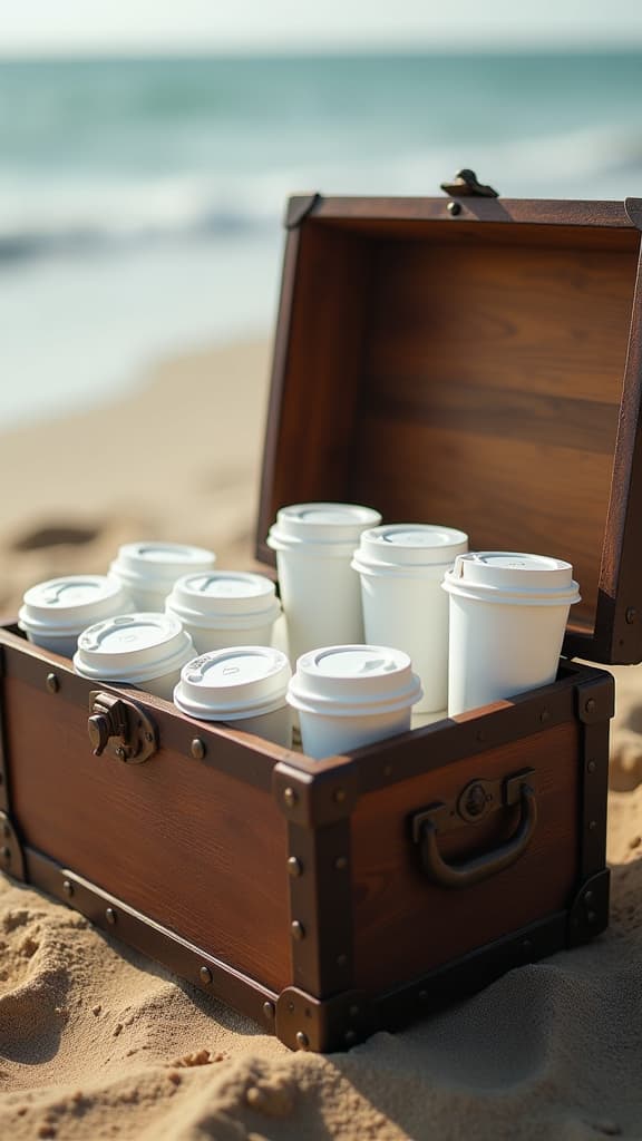  professional detailed photography, a large open chest of grandma's is on the beach and it contains many white paper coffee cups. write slow coffee on the cups. ar 9:16, (muted colors, dim colors, soothing tones), (vsco:0.3)