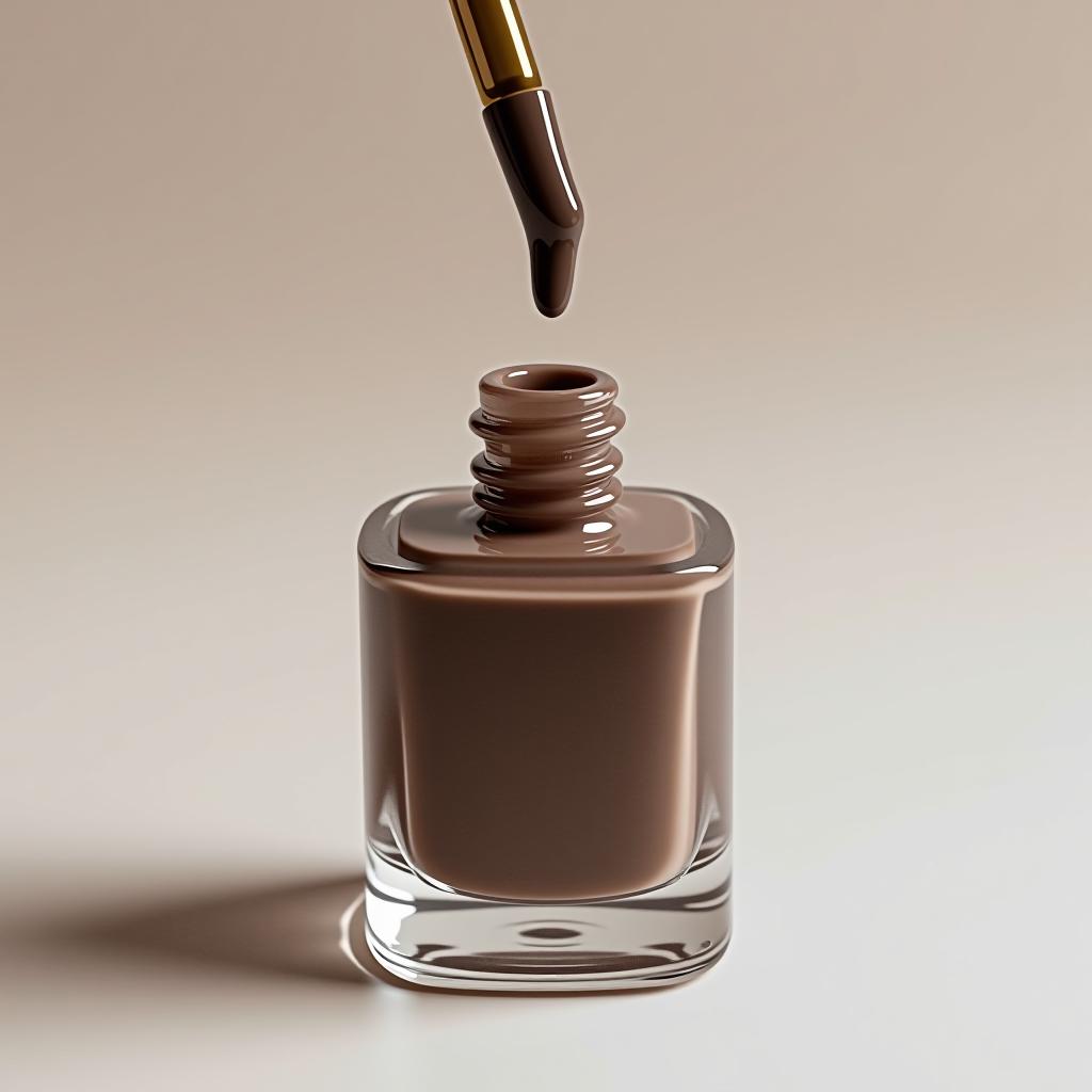  a bottle of nail polish with a dangling brush and a drop of polish in gray brown hues.