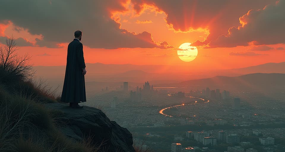  person standing on a hill overlooking a wealthy city at sunset, calm and ethereal aura, detached, reflective. an illustration in the style of a worn, mystical old tarot trump card, mysterious and elements of surrealism. the colors are muted, somber and eerie, but with contrast bring out an occult and esoteric vibe.