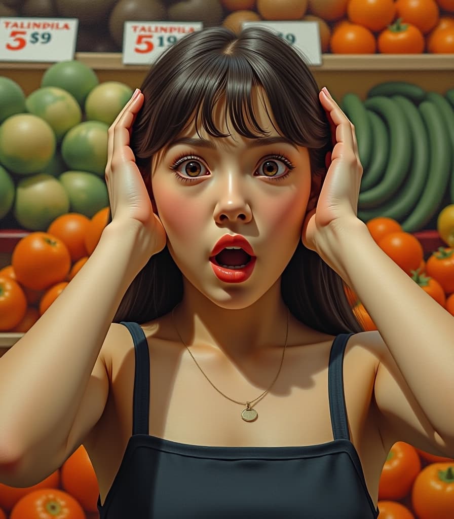  hyperrealistic art masterpiece. (painting. the girl is surprised, wide open eyes and mouth, large prices at the market. hands clasped her ears. against the background of vegetables with price tags:1.5).intense close up. highly detailed strokes, clarity. fantasy, surrealism style. pinup style:1.5) . extremely high resolution details, photographic, realism pushed to extreme, fine texture, incredibly lifelike hyperrealistic, full body, detailed clothing, highly detailed, cinematic lighting, stunningly beautiful, intricate, sharp focus, f/1. 8, 85mm, (centered image composition), (professionally color graded), ((bright soft diffused light)), volumetric fog, trending on instagram, trending on tumblr, HDR 4K, 8K