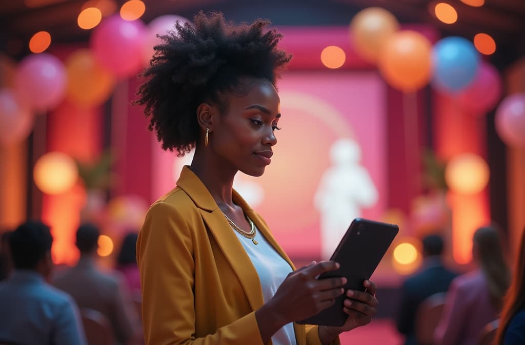  african american female event manager holding tablet against background of festive event with balloons, flowers and stage. ar 3:2, (natural skin texture), highly detailed face, depth of field, hyperrealism, soft light, muted colors