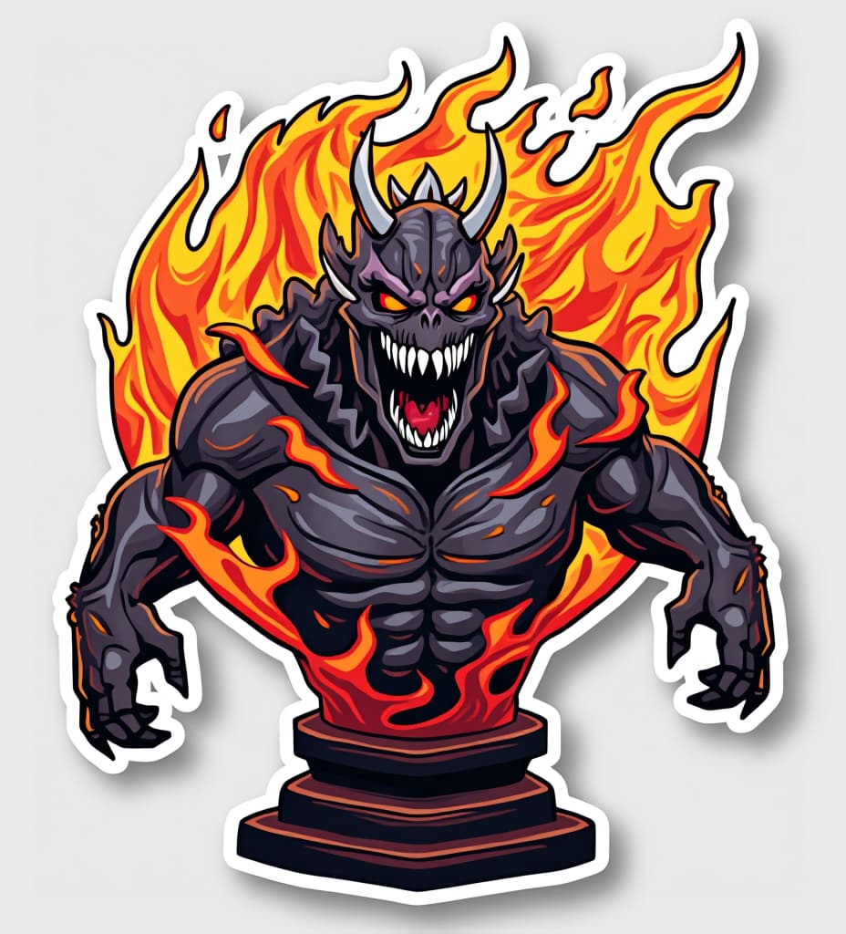  vector art stickers, generate doomsday monster bust with flames behind his head simplified, professional vector design, sticker designs, sticker sheet