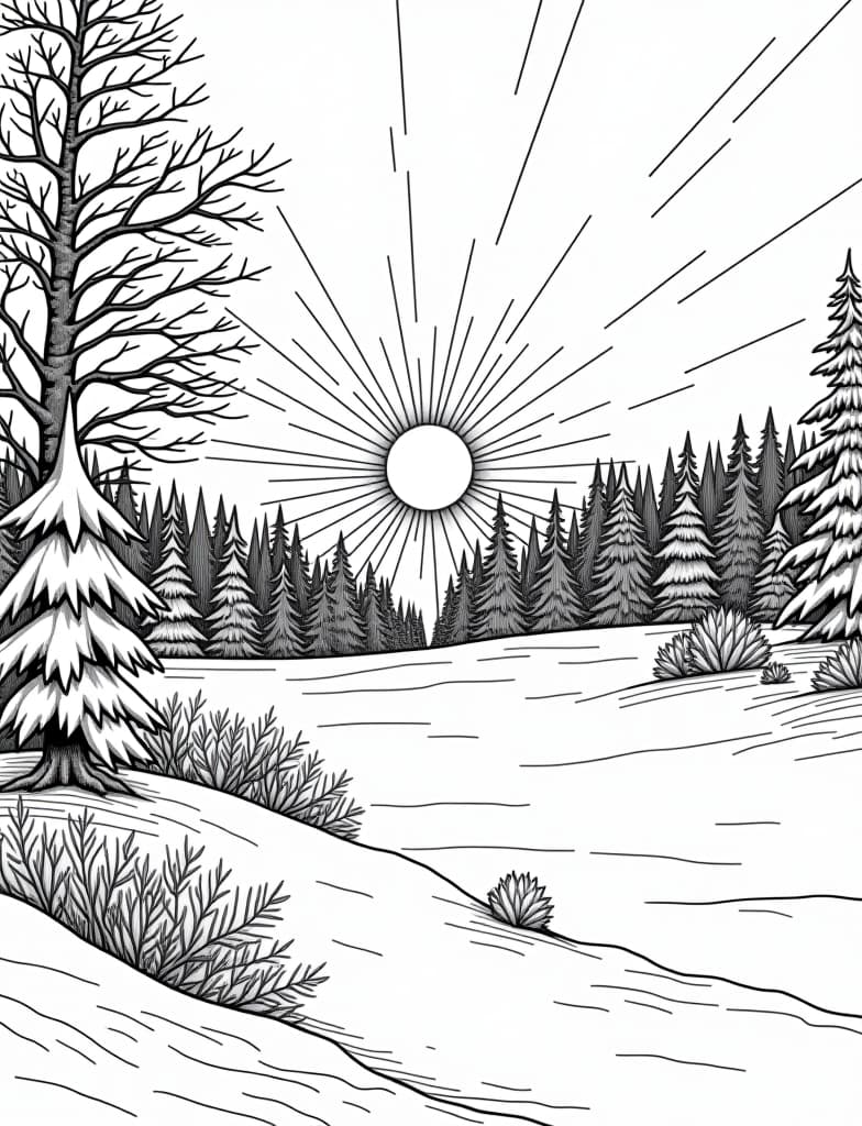  this is for an adult coloring page. a detailed black and white line art of a snowy winter sunrise over a snow covered landscape on a solid white background.