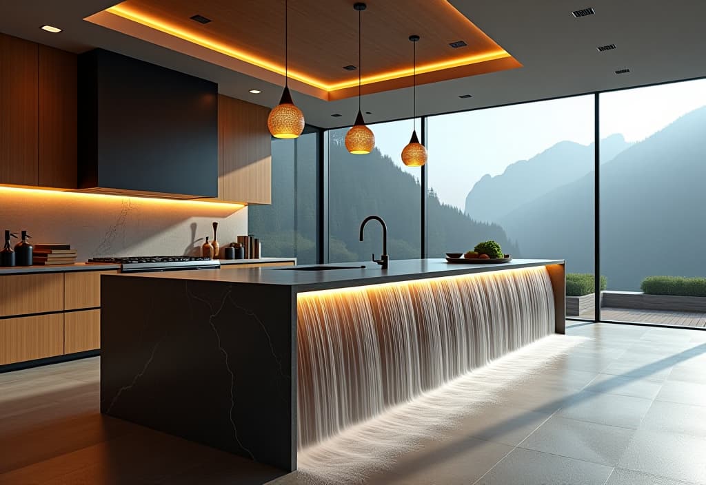  a landscape photo of a contemporary kitchen featuring a dramatic waterfall countertop, pendant lighting, and a mix of materials including wood, stone, and stainless steel hyperrealistic, full body, detailed clothing, highly detailed, cinematic lighting, stunningly beautiful, intricate, sharp focus, f/1. 8, 85mm, (centered image composition), (professionally color graded), ((bright soft diffused light)), volumetric fog, trending on instagram, trending on tumblr, HDR 4K, 8K