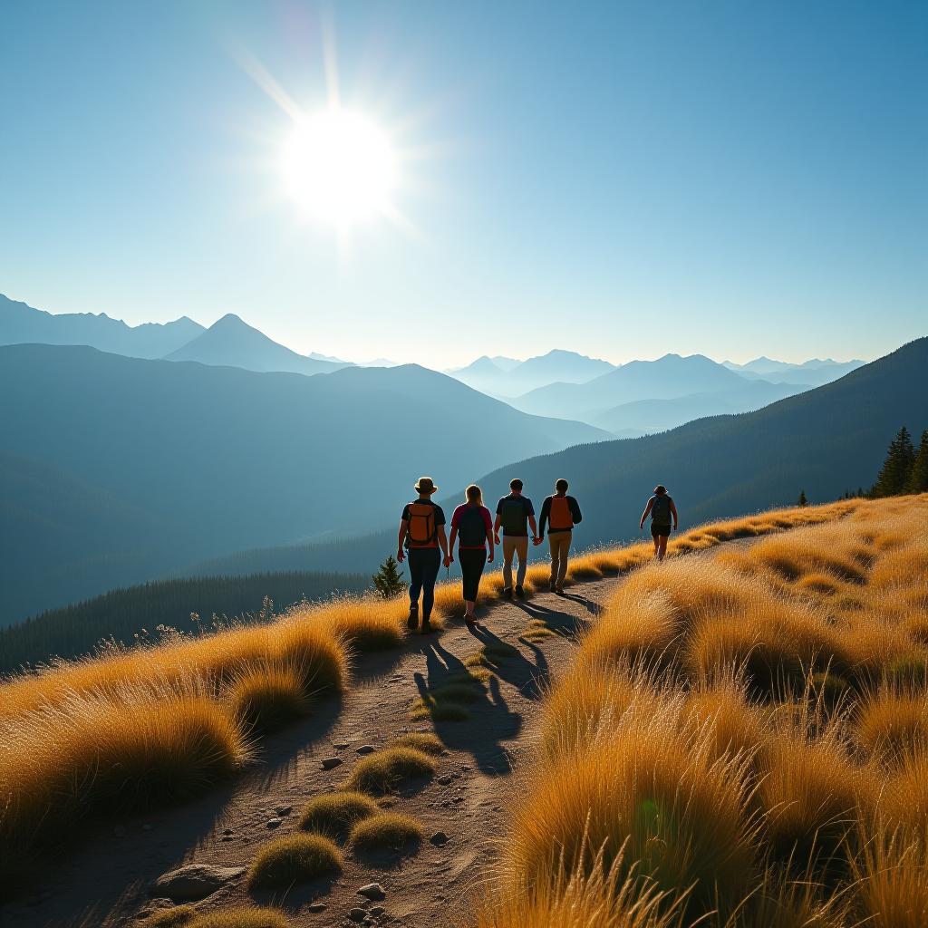  group of friends hiking through scenic landscape on sunny day, enjoying adventure and nature together