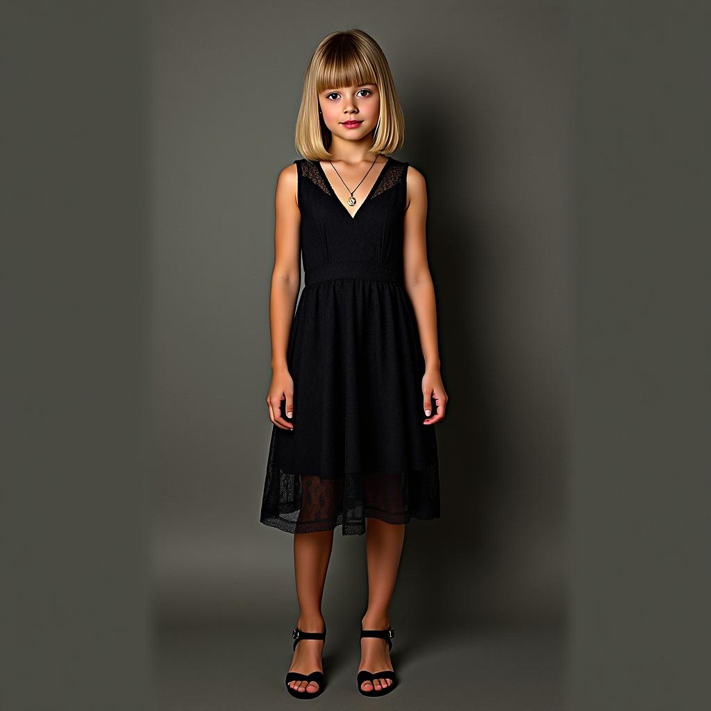  make an image of a girl with blonde bob cut and olive tan skin and brown eyes wearing a black lace dress and heels with minimal gold jewelry