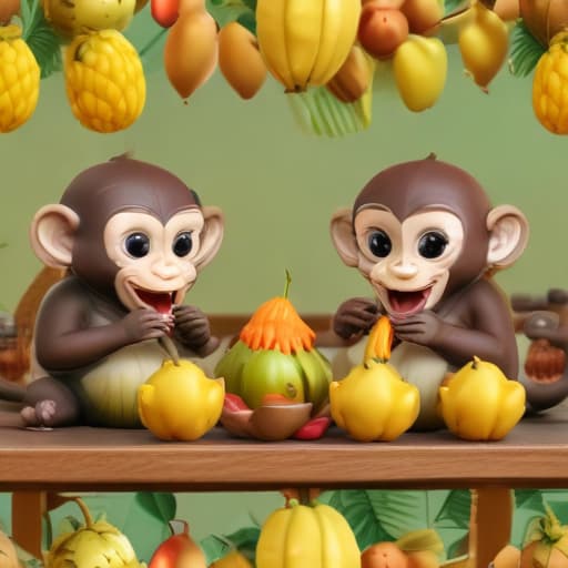 3 happy cute monkeys playing on the table with Thai fruits banana Durian Mango mangosteen Thai style 3D Art toy in Cartoon style