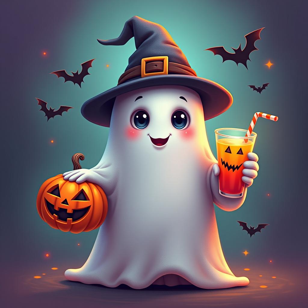  create a digital painting featuring a cute ghost character. the ghost should be wearing a hat. in one hand, the ghost should hold a pumpkin with a carved face, and in the other hand, a halloween themed drink. the background should be colorfull and include small black bats and stars to add a playful halloween touch. the overall style should be cute, whimsical, and colorful hyperrealistic, full body, detailed clothing, highly detailed, cinematic lighting, stunningly beautiful, intricate, sharp focus, f/1. 8, 85mm, (centered image composition), (professionally color graded), ((bright soft diffused light)), volumetric fog, trending on instagram, trending on tumblr, HDR 4K, 8K