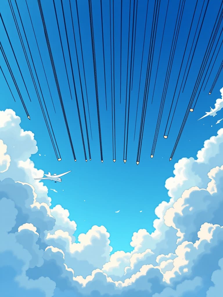  many black pencil scrawl stripes doodle on the sky with a beautiful blue sky background with unique soft white clouds. anime. studio ghibli style. firooze hyperrealistic, full body, detailed clothing, highly detailed, cinematic lighting, stunningly beautiful, intricate, sharp focus, f/1. 8, 85mm, (centered image composition), (professionally color graded), ((bright soft diffused light)), volumetric fog, trending on instagram, trending on tumblr, HDR 4K, 8K