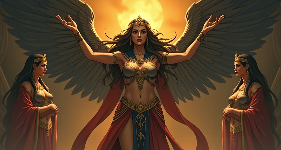  lineage of ancestors, large busted goddess in form fitting, ancient attire, surrounded by spirits of wisdom, divine love enveloping her. the style is digital art illustration / modern comic book / mysterious occult, symbolic, esoteric vibe,high detail on character design, incorporating ancient egyptian symbology and attire.