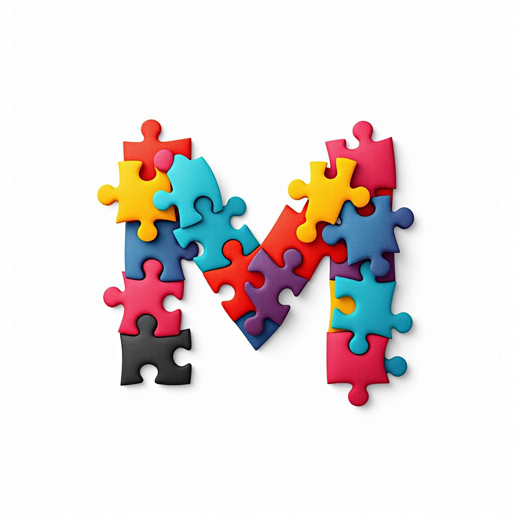  design a logo, abstract logo of letter m from colored puzzles on white background.