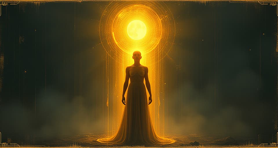  golden light filling a figure, body illuminated, radiant warmth, spiritual transformation, glowing aura. an illustration in the style of a worn, mystical old tarot trump card, mysterious and elements of surrealism. the colors are muted, somber and eerie, but with contrast bring out an occult and esoteric vibe.