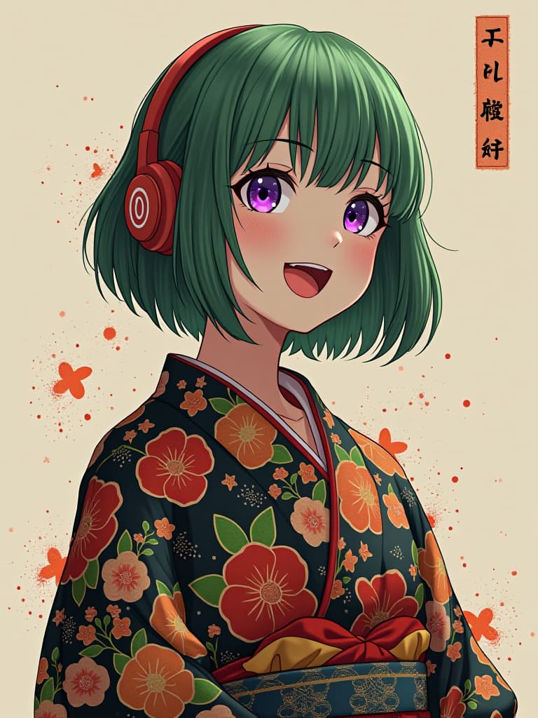  1girl,18yo,(((green bob haircut:1.2))),(((purple eyes))),headphone,very loud laugh,grunge splats,(((hokusai katushika:1.8))),(((japanese ukiyoe:1.8))) hyperrealistic, full body, detailed clothing, highly detailed, cinematic lighting, stunningly beautiful, intricate, sharp focus, f/1. 8, 85mm, (centered image composition), (professionally color graded), ((bright soft diffused light)), volumetric fog, trending on instagram, trending on tumblr, HDR 4K, 8K