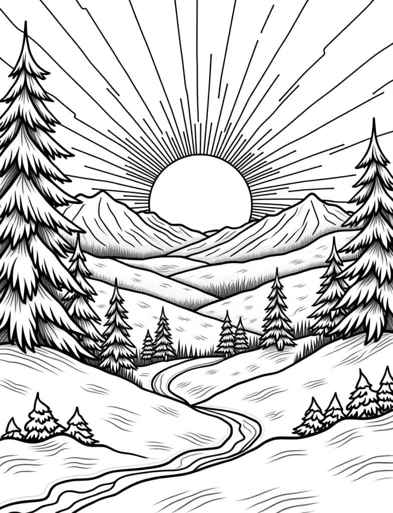  this is for an adult coloring page. a detailed black and white line art of a snowy winter sunrise over a snow covered valley on a solid white background.