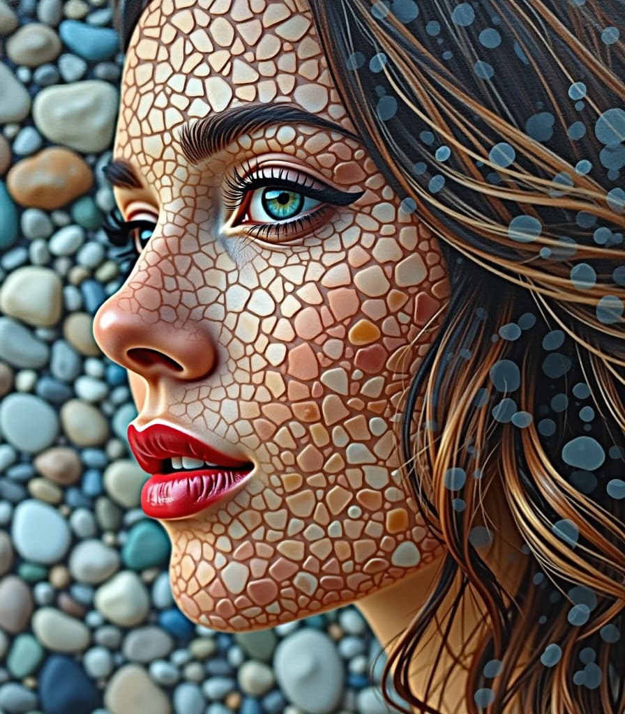  close up portrait:1.3) of a (woman's face:1.2) beautifully integrated into a (pebbles mosaic:1.3), where her (facial features:1.1) emerge from the (vivid textures:1.2). the (palette knife oil painting technique:1.2) accentuates the (organic shapes:1.3) of the pebbles, creating a (rich tapestry of colors:1.1) that enhances her (serene expression:1.3). the (double exposure effect:1.2) captures the essence of (nature's beauty:1.3), as her (hair:1.1) flows seamlessly into the (abstract background:1.2), resulting in a stunning (fusion of art and emotion:1.3).