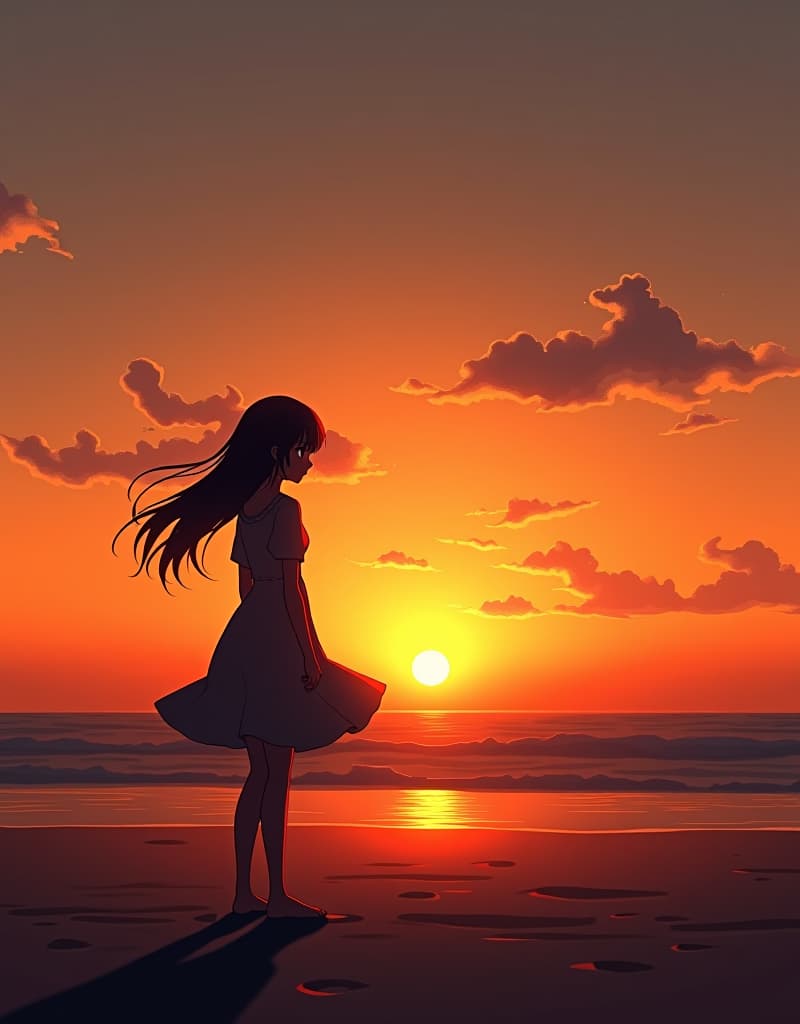  a melancholic silhouette of a young anime girl with flowing, windswept hair, standing alone on a beach as the sun dips below the horizon, casting long shadows across the sand. the warm hues of the sunset create a sense of vast emptiness around her slender figure, emphasizing her solitude. her gaze is fixed on the distant horizon, reflecting a deep sense of longing and sadness, her expression a poignant reflection of her inner turmoil. emphasize the use of soft, ethereal lighting to create a dreamlike atmosphere and evoke a sense of wistful nostalgia.hyper detail, intricate details, sharp focus, high resolution, 8k, ultra detailed, vib