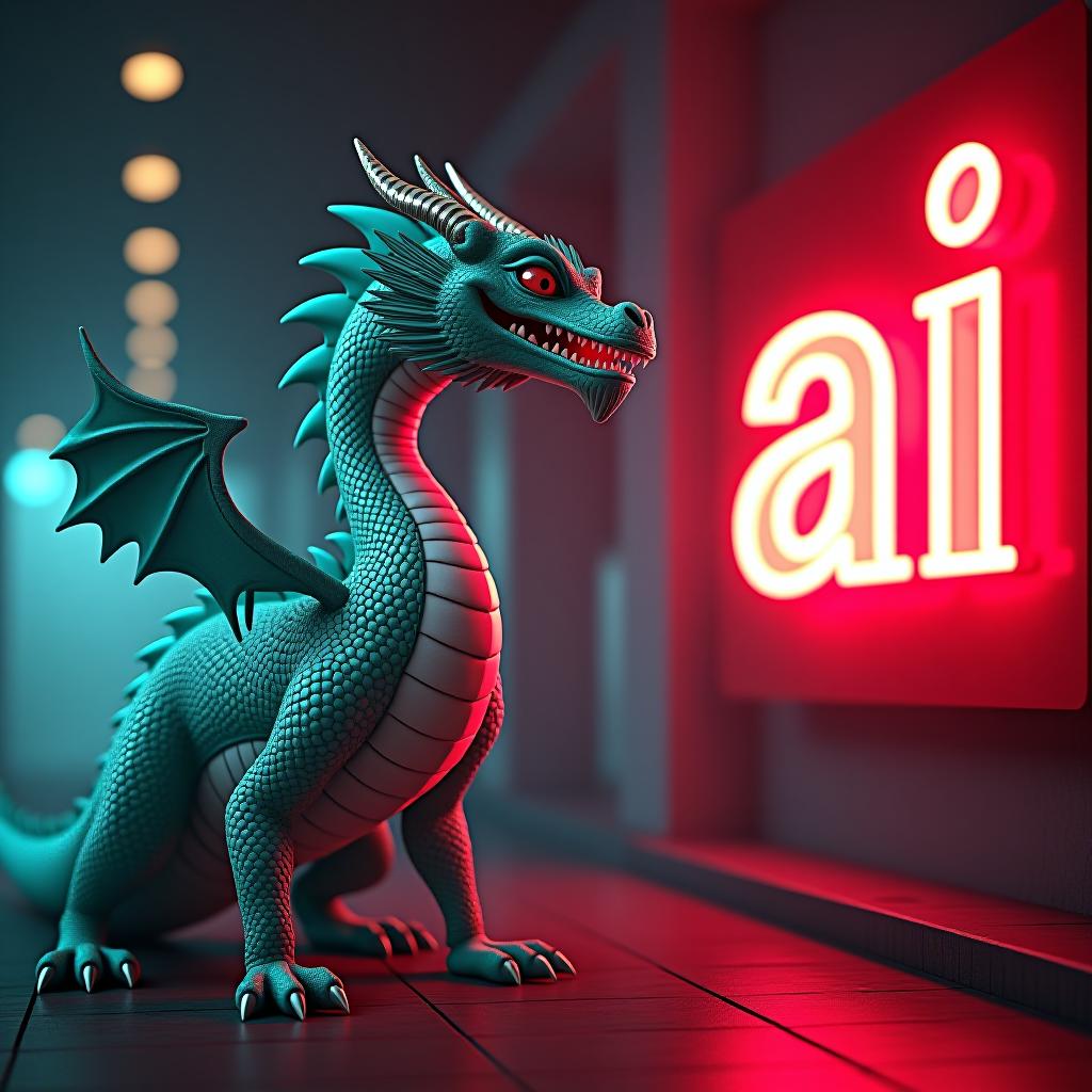  a turquoise dragon standing next to a big neon sign with the text “stock” and “ai” in capitalised letters hyperrealistic, full body, detailed clothing, highly detailed, cinematic lighting, stunningly beautiful, intricate, sharp focus, f/1. 8, 85mm, (centered image composition), (professionally color graded), ((bright soft diffused light)), volumetric fog, trending on instagram, trending on tumblr, HDR 4K, 8K