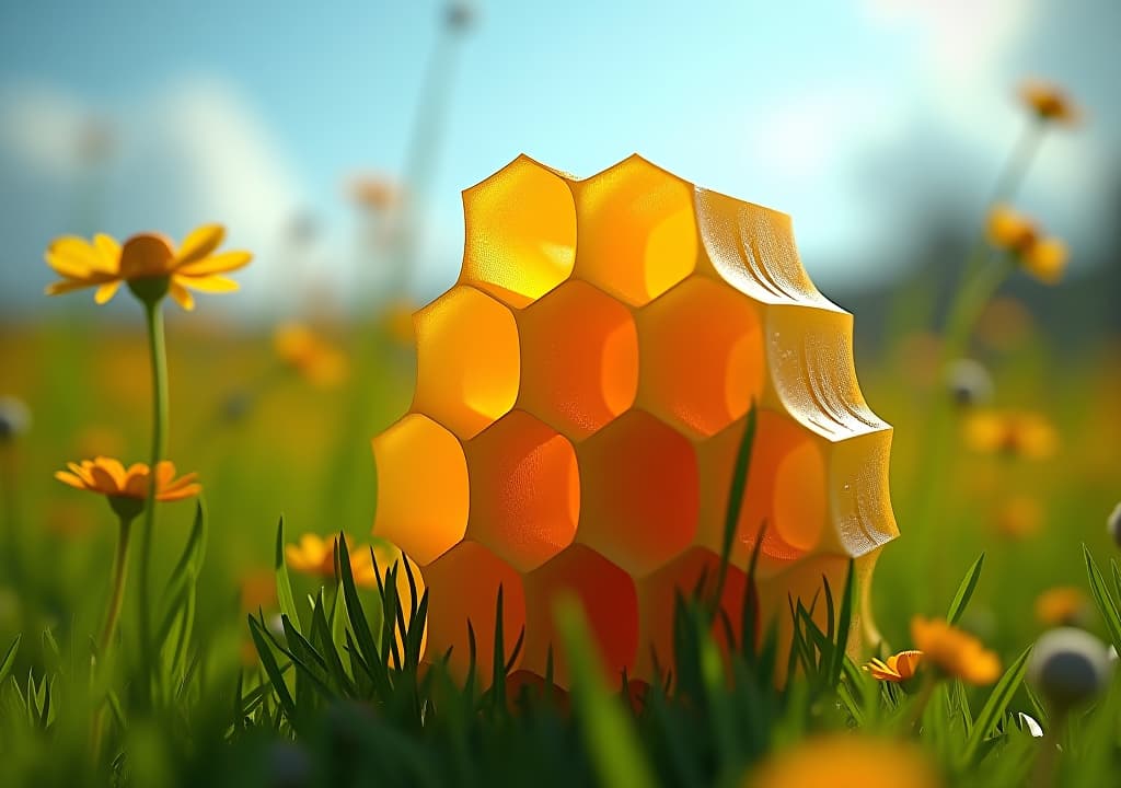  a warm golden honeycomb structure with delicate hexagonal cells, amidst a lush green meadow with vibrant yellow and orange wildflowers swaying in the background, under a sunny blue sky. hyperrealistic, full body, detailed clothing, highly detailed, cinematic lighting, stunningly beautiful, intricate, sharp focus, f/1. 8, 85mm, (centered image composition), (professionally color graded), ((bright soft diffused light)), volumetric fog, trending on instagram, trending on tumblr, HDR 4K, 8K