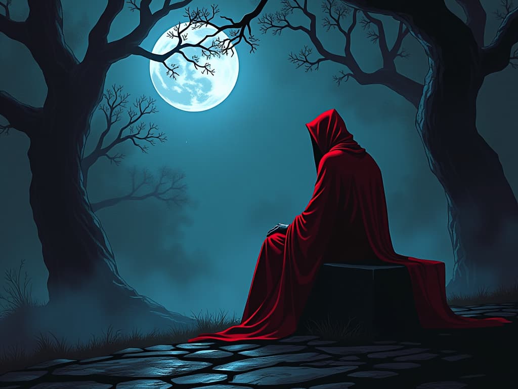  betrayer in crimson seated on a stone bench, silent contemplation, moonlight filtering through ancient trees, atmosphere of solitude. the style is digital art illustration / modern comic book / graphic dark novel fantasy and mysterious occult, symbolic, moody lighting, esoteric vibe,high detail on character design. for the color scheme emphasize blacks and reds.