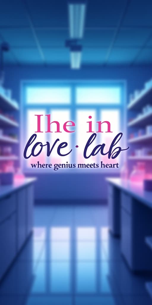  good quality, high quality, a dynamic manga style title panel. the background shows a softly blurred view of the lab, with cool blue and purple hues dominating the color scheme, accented by soft pink and warm tones. the title of the manga, "love in the lab," is written in large, elegant, and flowing script at the top of the panel. the words "where genius meets heart" are placed just below the title in a smaller, more subtle font. the scene is framed by a subtle glowing effect, adding a romantic and slightly dreamy atmosphere. the light from the lab windows softly filters through the image, creating a warm contrast to the cool colors. the overall composition feels balanced, stylish, and inviting, setting the tone for the romantic story that 