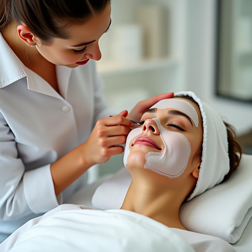  the cosmetologist is performing a sugar facial cleansing for the girl.