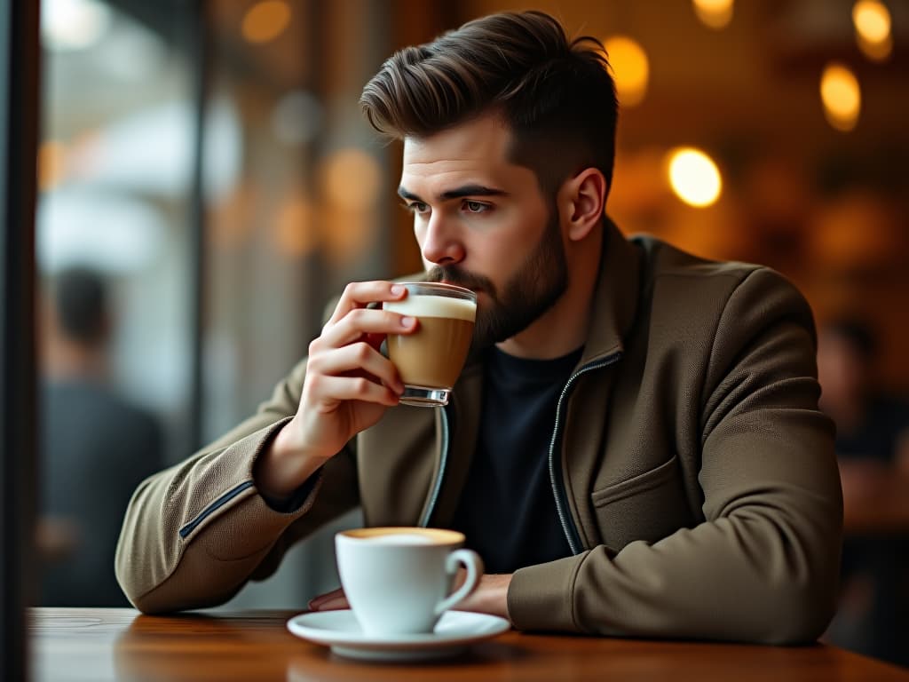  a man drinking mocha at a cafe, masterpiece, best quality