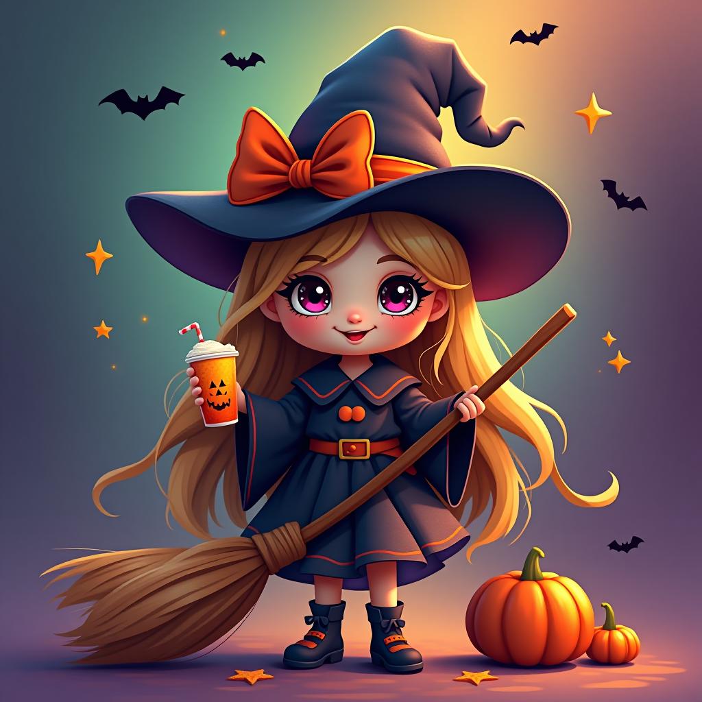  create a digital painting featuring a cute witch character. the witch should be wearing a hat. in one hand, the witch should hold a broomstick, and in the other hand, a halloween themed drink. the background should be colorful and include small black bats, pumpkins and stars to add a playful halloween touch. the overall style should be cute, whimsical, and colorful hyperrealistic, full body, detailed clothing, highly detailed, cinematic lighting, stunningly beautiful, intricate, sharp focus, f/1. 8, 85mm, (centered image composition), (professionally color graded), ((bright soft diffused light)), volumetric fog, trending on instagram, trending on tumblr, HDR 4K, 8K