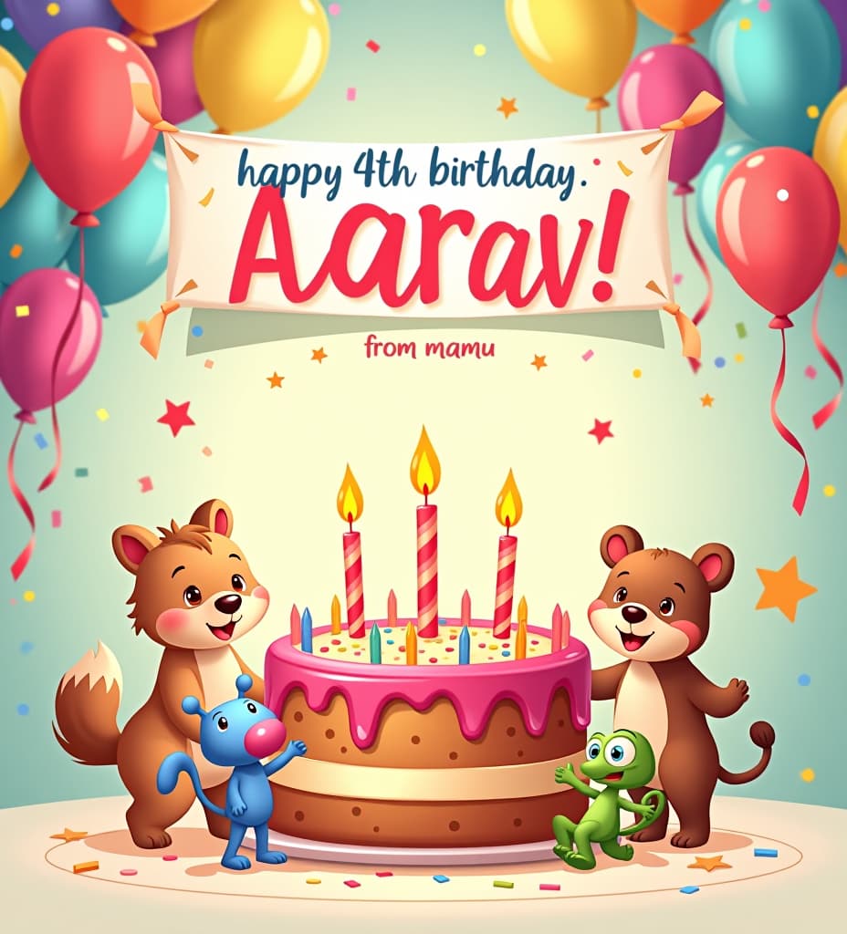  the birthday image is bright and festive, perfect for a old named aarav. it features: a vint background filled with colorful balloons and confetti. a large, cheerful banner at the top that reads "happy 4th birthday aarav! from mamu" in , friendly fonts. a birthday cake in the center with four lit candles, decorated with icing and sprinkles. cartoon characters, such as animals and toys, surrounding the cake and banner, adding to the joyful atmosphere. additional fun elements like stars and streamers scattered throughout the image, enhancing the celetory feel.