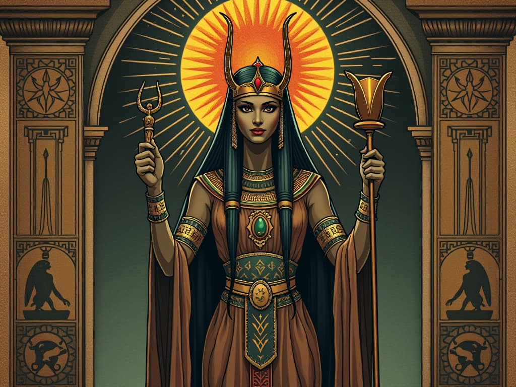  isis holding an ankh and staff, surrounded by hieroglyphics, aura of divine power, magical prowess, historical, enigmatic an illustration in the style of a worn, mystical old tarot trump card, mysterious and elements of surrealism. the colors are muted, somber and eerie, but with contrast bring out an occult and esoteric vibe.