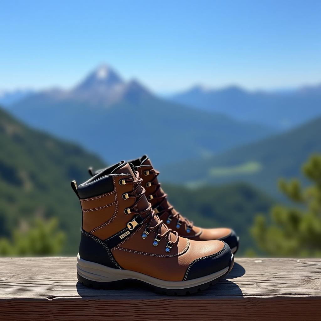  hiking boots placed on wooden overlook with mountain landscape background, hiking, travel, adventure, boots, footwear