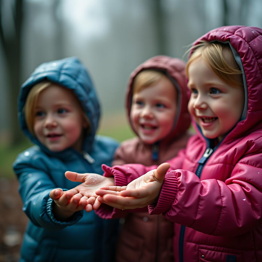  the children are happy about the rain and are holding in their hands siberian health vitamin omega 3.