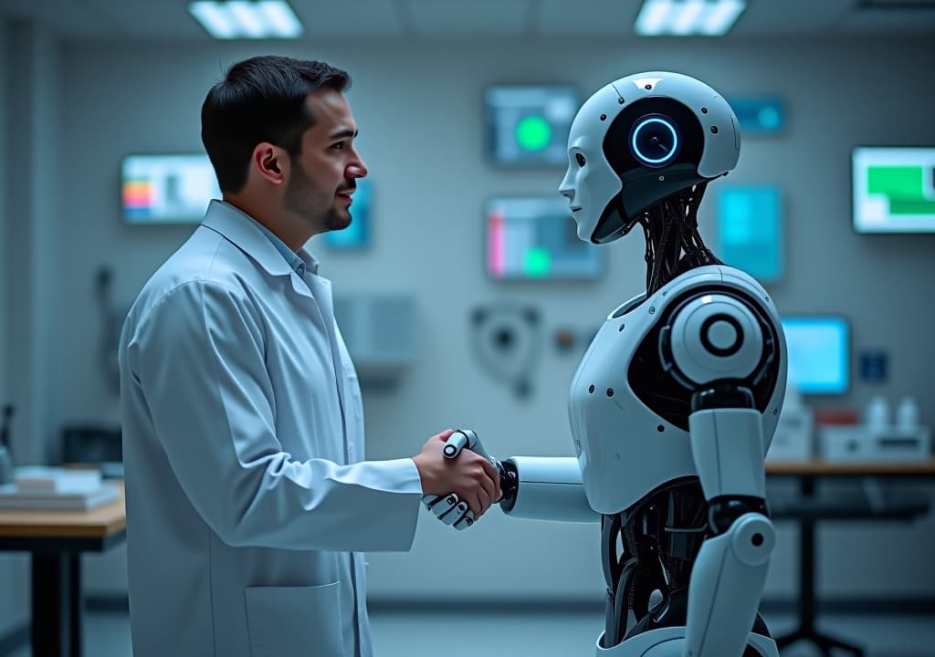  handshake between human and robot in a research lab, working together for success concept about tech innovation, machine learning progress and partnership with future artificial general intelligence