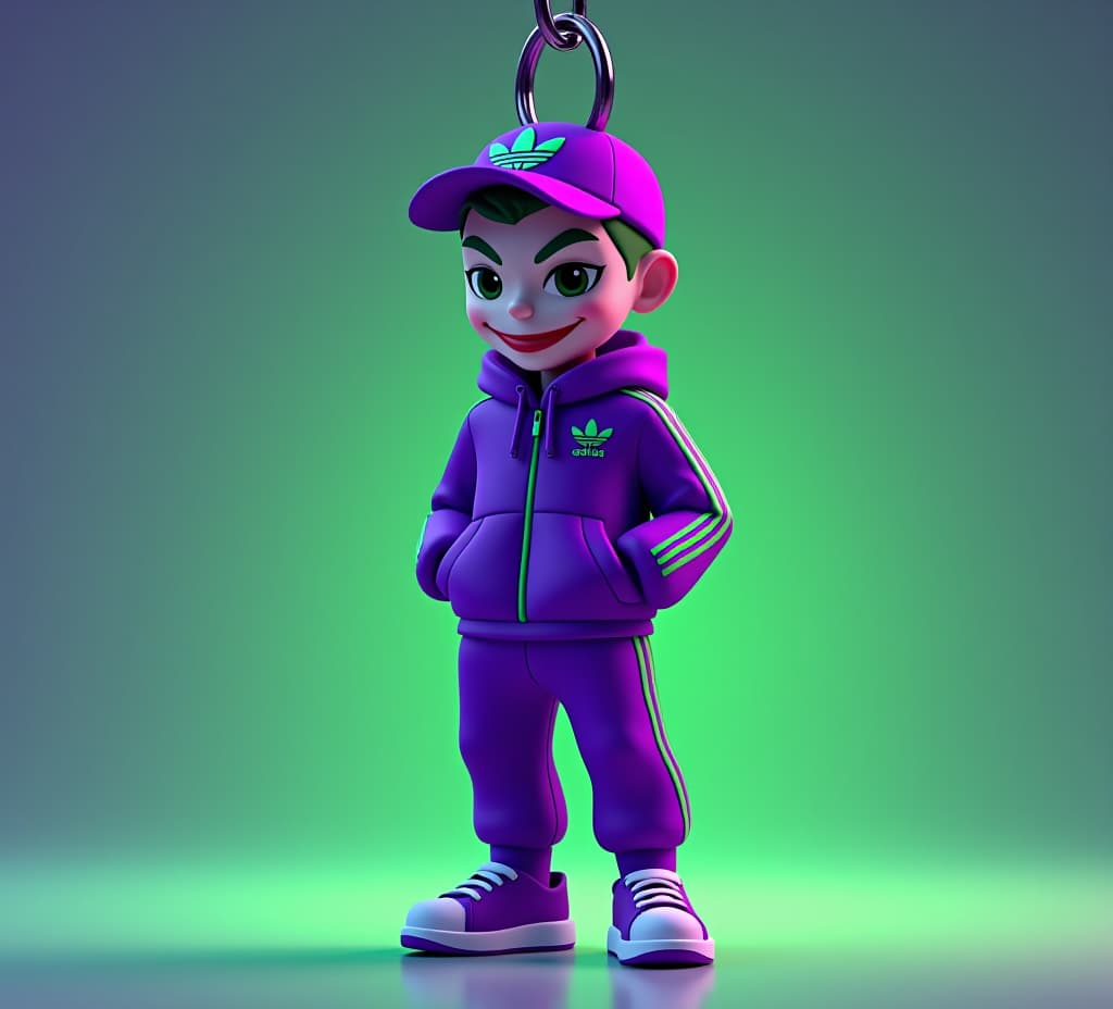  a 3d illustration of a keychain featuring a the joker wearing purple tracking suit adidas and green stripes, wearing a gulf hat on head, trendy shoes. the keychain is in a neon green and purple lighting in studio photography. the illustration has dynamic lighting and vivid colors.