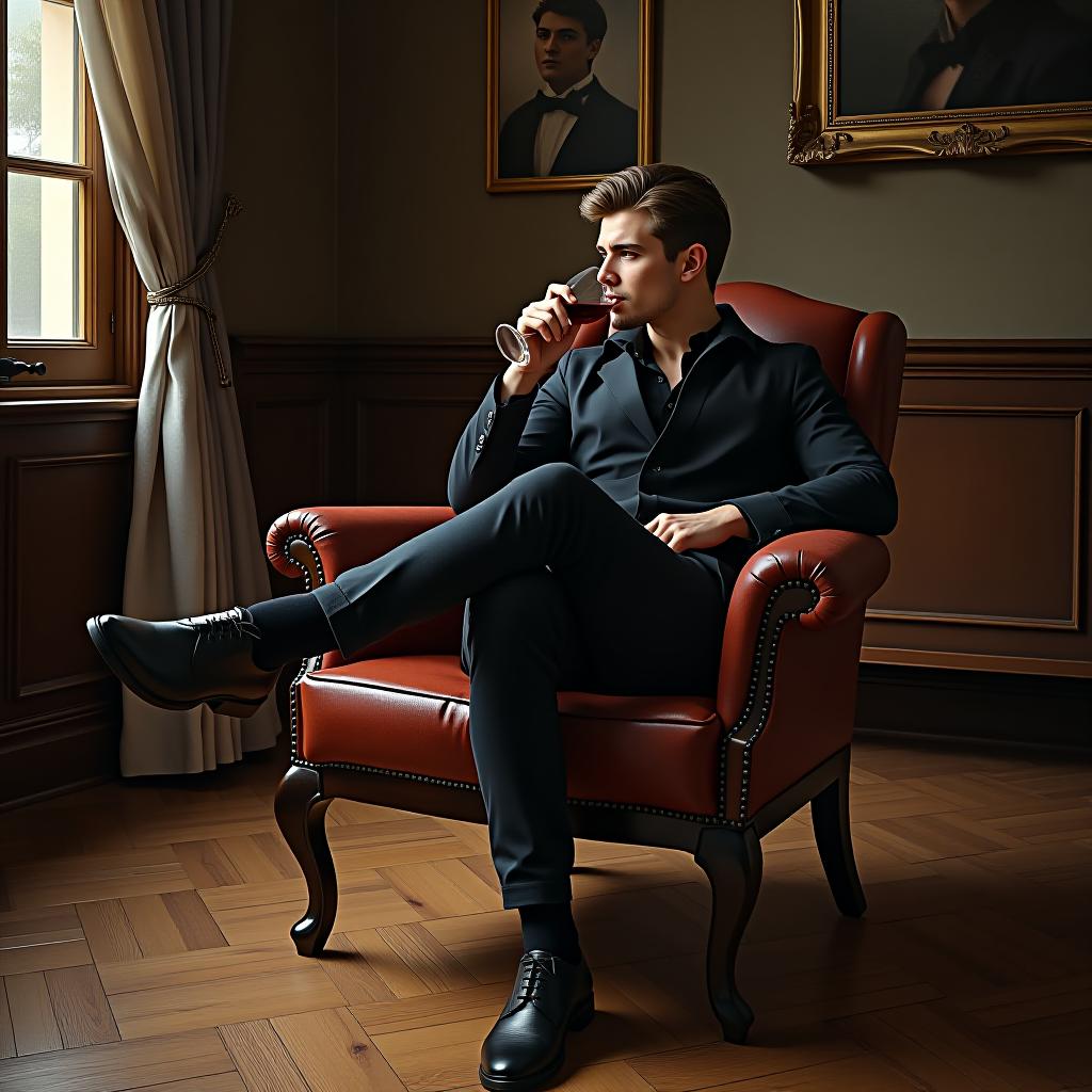  handsome young man sitting on the chair,wearing black shoes and drinking wine, masterpiece, best quality