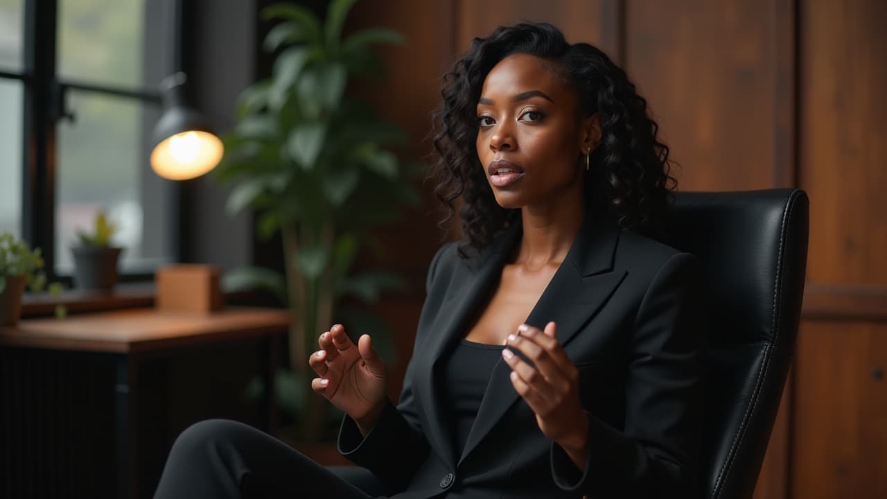  the exact same beautiful black woman. she's in a youtube studio setting sitting in a chair. she's wearing an all black tight business outfit. she's serious and looking to the side. she's using her hands to express as she talks., high quality, high details, hd, perfect composition, 4k epic detailed, highly detailed, sharp focus, high resolution