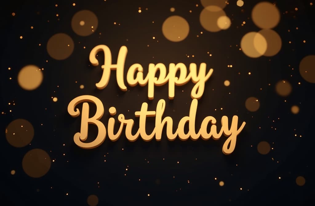  professional detailed photography, blurred golden bokeh on black background with happy birthday text ar 3:2, (muted colors, dim colors, soothing tones), (vsco:0.3)