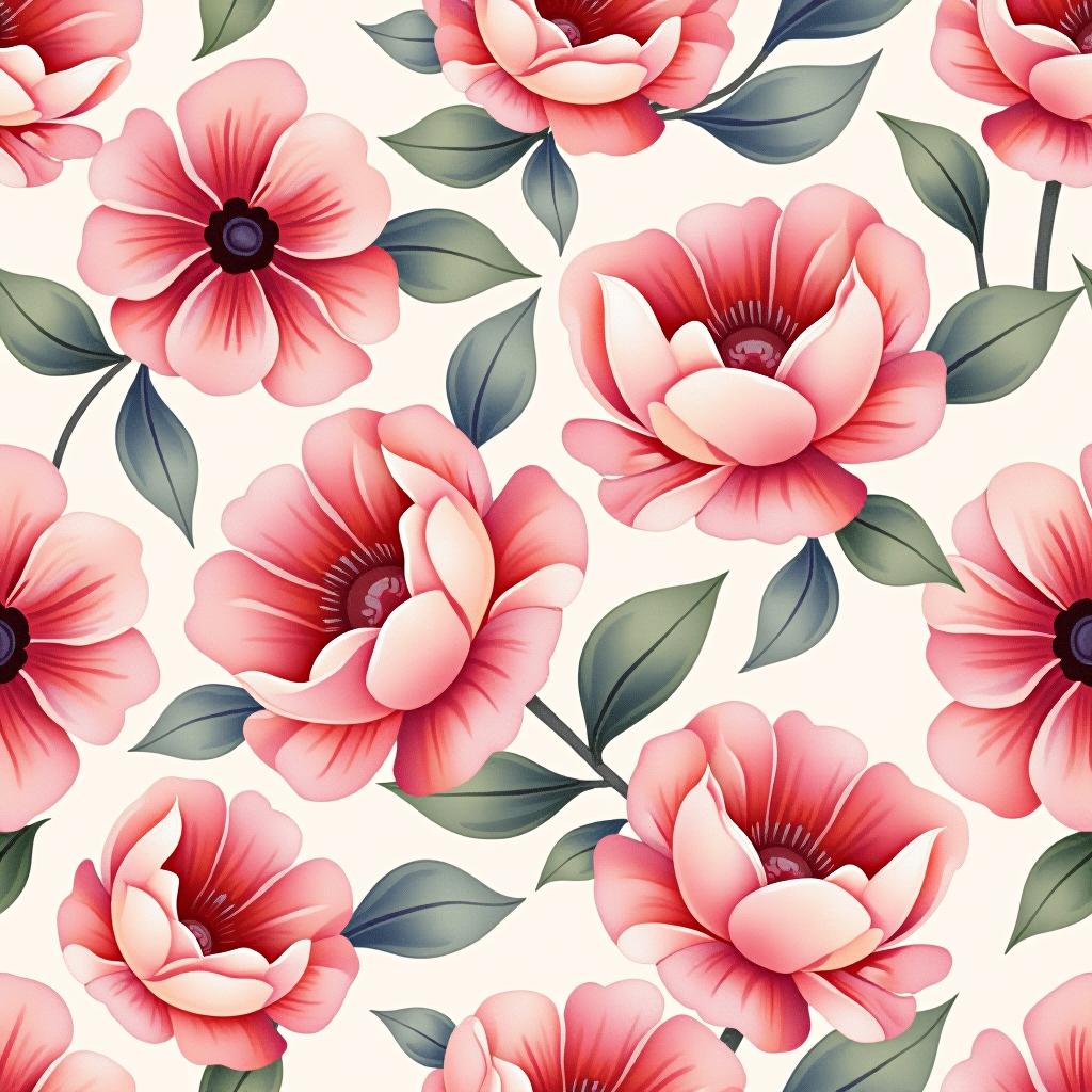  create a seamless digital design featuring a pattern of large, beautiful flowers with soft, watercolor like effects. the flowers should cover the entire surface, creating a bold, elegant, and continuous look. the overall style should be light and airy, with delicate leaves and petals to enhance the natural, floral theme. the design should be seamless to ensure it can be used in repeating patterns or wraps.