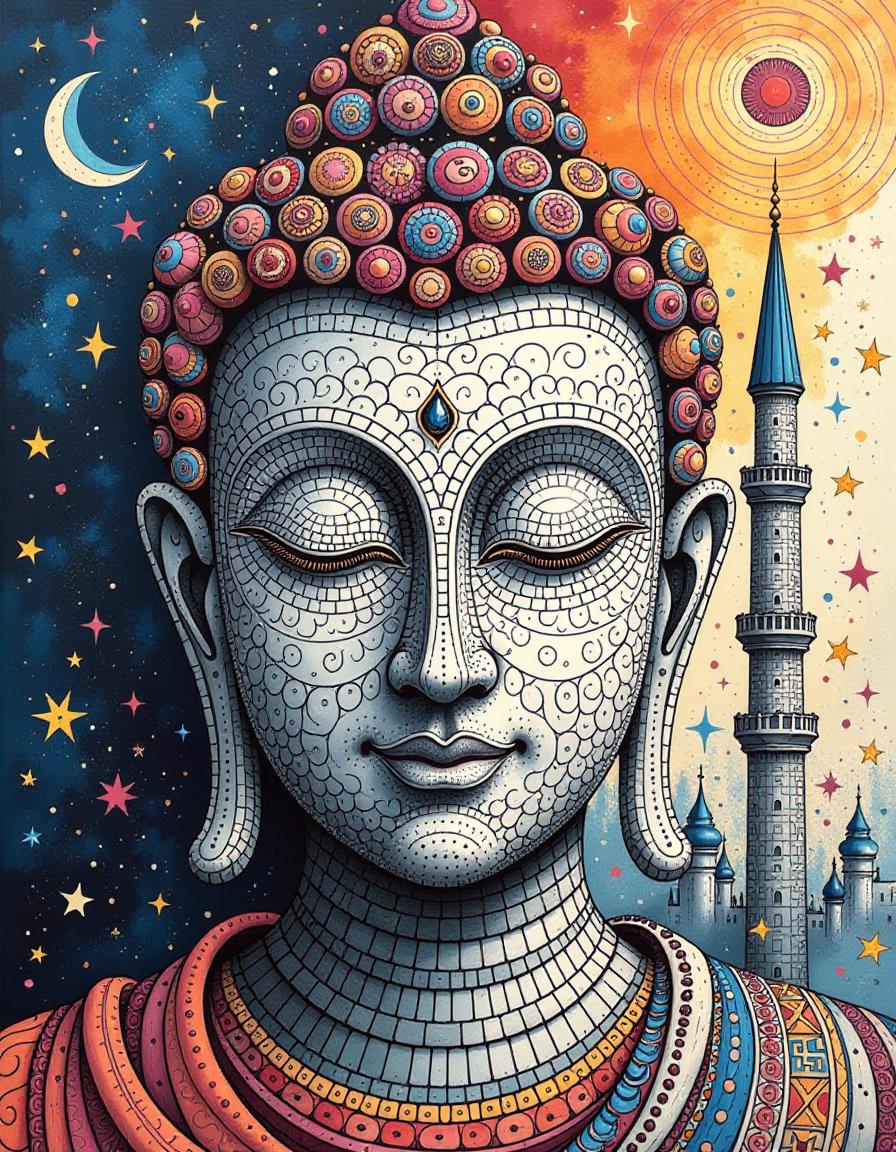  zentangle masterpiece, multi color oil painting. mysterious magical zentangle. buddhist face. background minaret, oriental mosaic. high detail. high resolution. . intricate, abstract, monochrome, patterns, meditative, highly detailed