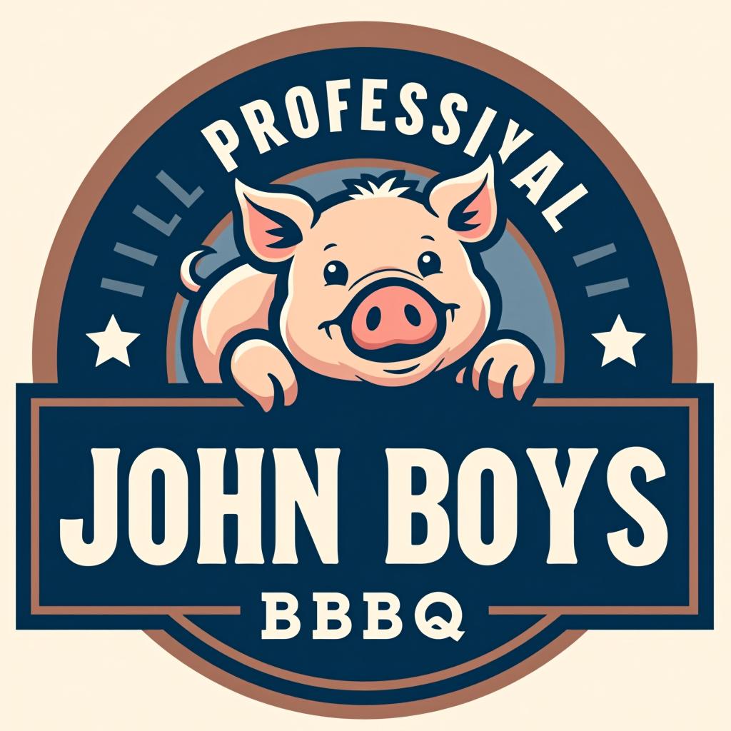  a sign with a cute pig, john boys bbq, (logo), professional, trustworthy, bold, clean lines, sans serif font, blue tones, simple shapes, reliable, structured