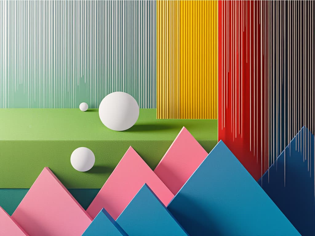  modern, abstract art piece featuring a combination of vertical lines and geometric shapes. the layout includes a series of vertical, multicolored lines that create a sense of depth and texture. the background consists of a gradient of green and yellow hues, resembling a field, with white spherical shapes distributed throughout, adding a three dimensional effect. in the foreground, there are pink and blue triangular forms that appear to be rising from the bottom, contributing to the layered composition. the overall style is contemporary and visually dynamic, with a focus on color contrast and spatial arrangement.