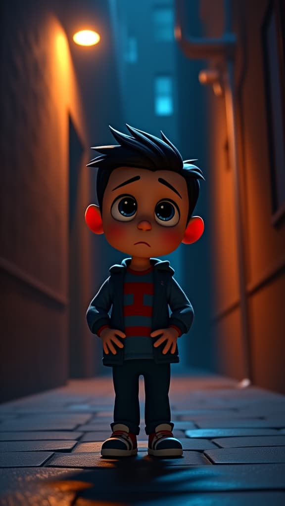  pixar style 3d animation, liam looking worried in a dark alley, shadowy walls background, dynamic lighting, vibrant colors, detailed textures