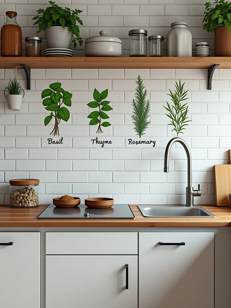  high quality portrait photo of a rustic kitchen with white subway tiles and a large, vintage style botanical herbs wall decal featuring basil, thyme, and rosemary with handwritten labels hyperrealistic, full body, detailed clothing, highly detailed, cinematic lighting, stunningly beautiful, intricate, sharp focus, f/1. 8, 85mm, (centered image composition), (professionally color graded), ((bright soft diffused light)), volumetric fog, trending on instagram, trending on tumblr, HDR 4K, 8K