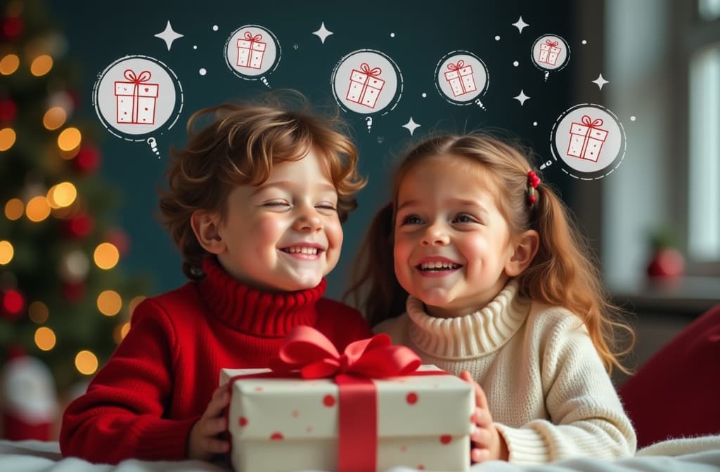  real estate photography style photo portrait of siblings little boy and girl together eyes closed dreaming about gifts, boy and girl smiling, big cartoon drawn circles with gifts inside circles flying around kids head, red wool sweater, white sweater, curly hair, festive christmas background with blurred garland lights ar 3:2 . professional, inviting, well lit, high resolution, property focused, commercial, highly detailed