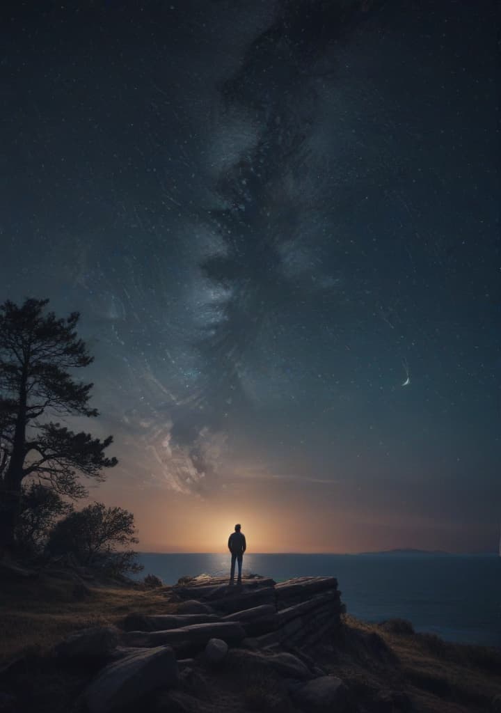 Craft a moonlit night wallpaper with a lonely figure gazing at the stars. highly detailed,studio lighting,professional,vivid colors, cinematic lighting, HDR, UHD, 4K, 8k, 64K