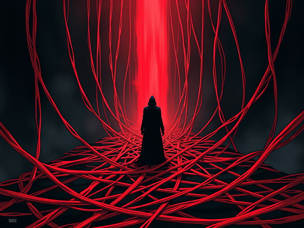  tangled red threads, chaotic pattern, leading to nowhere, aura of confusion. the style is digital art illustration / modern comic book / graphic dark novel fantasy and mysterious occult, symbolic, moody lighting, esoteric vibe,high detail on character design. for the color scheme emphasize blacks and reds.