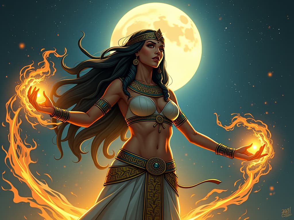  large busted goddess in tight ancient egyptian clothing, invoking celestial power under the full moon, energy swirling around, scene of harnessing profound energy. the style is digital art illustration / modern comic book / mysterious occult, symbolic, esoteric vibe,high detail on character design, incorporating ancient egyptian symbology and attire.