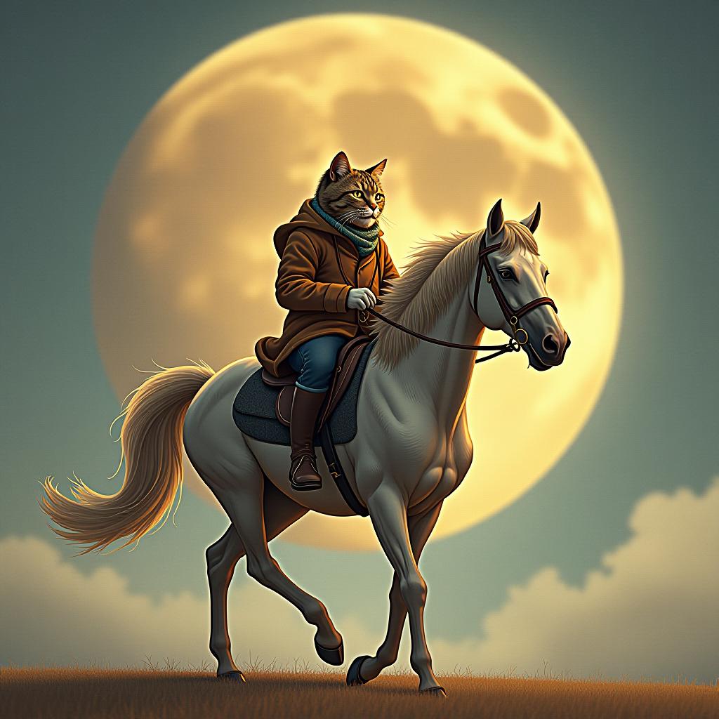  a cat riding a horse, hand drawn, on the moon, studio light, hdr 4k hyperrealistic, full body, detailed clothing, highly detailed, cinematic lighting, stunningly beautiful, intricate, sharp focus, f/1. 8, 85mm, (centered image composition), (professionally color graded), ((bright soft diffused light)), volumetric fog, trending on instagram, trending on tumblr, HDR 4K, 8K