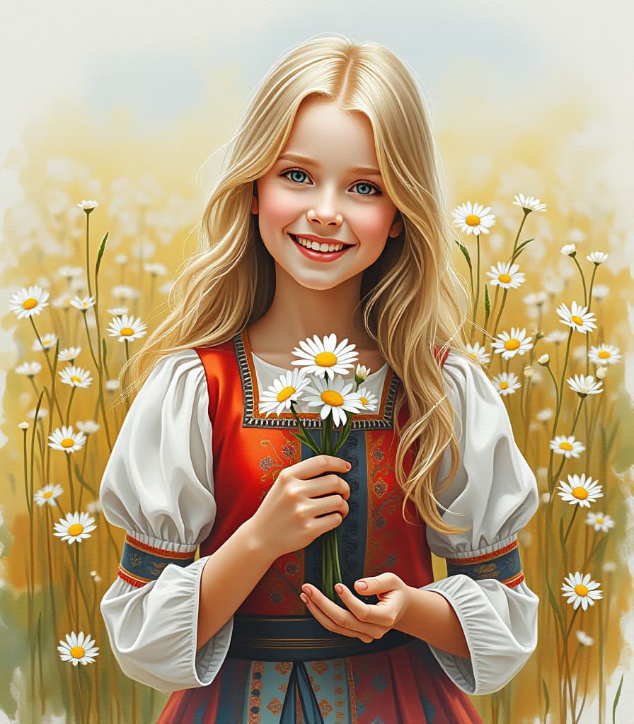  hyperrealistic art painting. painting with watercolor. (indian summer. beautiful blonde girl in russian national dress, smiling, holding in her hands daisies field small, pharmacopoeial, a small bouquet:1.5). watercolor style by sergei andriyaki. high detail, high definition, high resolution. leaks. spots. . extremely high resolution details, photographic, realism pushed to extreme, fine texture, incredibly lifelike